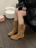 Botas de cowboy ocidentais com boca em V quadrada bordada Botas finas de verão 2024 para mulheres Botas de salto grosso retrô de salto grosso
