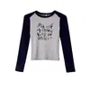 Camiseta de Manga Larga con Costuras de Color Contrastante para Mujer Primavera, Otoño e Invierno 2025 Nueva Camisa Estampada Ajustada para Capas Superiores