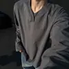 Sudadera gris oscuro de peso pesado con cuello en V para hombre, nuevo estilo otoño e invierno, corte limpio, tacto de alta gama, manga larga, estilo americano