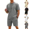 Conjunto de camiseta e shorts masculinos de verão xadrez, manga curta, peso pesado, corte solto, ombro caído, gola redonda, casual, da Amazon, para exportação