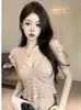 Estilo Verano Pura Pasión Chica Sexy Caliente Manga Acampanada Transparente Hueca Encaje Camisa Cuello V Corta Cropped Camiseta Top Delgado