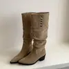Botas apiladas de doble uso con pliegues estilo coreano, botas largas de tubo alto para mujer, otoño e invierno 2026, tacón medio grueso vintage, punta fina, botas largas hasta la rodilla