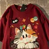 2026 Nova Camiseta Estilo Japonês Divertida Fofa Estampa de Gato Manga Curta para Homens e Mulheres Solta Verão High Street Nicho Top