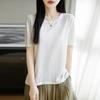 Verão Novo Confortável Leve Respirável Lã Merino Fina Tricotada Base Clássica Cor Sólida Gola Redonda Manga Curta Camiseta para Mulheres