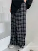 Calças Xadrez Versátil da Moda Estilo Europeu e Americano Drapeado Solto Comprimento Total Casual Reto Perna Larga Roupas Femininas