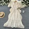 Vestido Rosa de Renda Estilo Nobre Francês para Mulheres Manga Curta Gola Lapela Saia Evasê Cintura Marcada Emagrecedor Elegante Saia Toque de Luxo