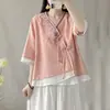 Nueva camisa estilo chino con tapeta diagonal y cierre de botones, mezcla de algodón y lino de verano para mujer, diseño Hanfu modernizado, vestido tipo túnica inspirado en el Zen, top estilo étnico, adecuado para figuras petite