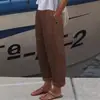 Pantalones casuales de pierna recta con bolsillos, imitación de algodón y lino, transfronterizos de Amazon, simples y versátiles, para mujer, cintura elástica, pierna ancha