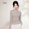 Camisa base feminina com gola semi-alta e barra franzida, camiseta de manga longa, anti-rugas, novo top slim fit outono e inverno