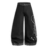 Jeans Masculino com Estampa de Letras e Bolinhas Perna Reta Solta Larga High Street Calça Americana Marca Tendência Patchwork Bonito Rogue
