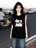 Camiseta de Algodón Puro con Estampado de Gato Lindo de Lunares Estilo Americano para Mujer Verano Pareja Chaleco Deportivo sin Mangas de Longitud Media