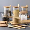 Vidrio Resistente a Altas Temperaturas Tapa de Bambú Frasco para Condimentos Caja de Condimentos de Lado Recto para el Hogar Juego de Tres Piezas Cocina Botella Frasco para Azúcar y Glutamato Monosódico