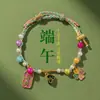 Pulsera de Borla Rosa del Festival del Bote del Dragón para Mujer, Exquisita Pulsera con Colgante, Candado de Longevidad Estilo Chino para Niños, Accesorio de Mano con Cuerda de Cinco Colores