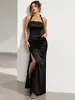 Comércio Exterior Transfronteiriço Vestido Feminino Preto com Decote Halter Toque de Luxo Cetim Fenda Longo Sexy Slim Fit Vestido de Festa