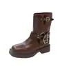 Botas de caballero Maillard de caña media-corta tacón grueso punta cuadrada plana botas fruncidas de caña holgada botas vaqueras marrones western de moda