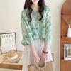 Blusas para Mujer Nuevo Verano Chifón Suelto Retro Cuello Mao Literario Fresco Azul y Verde Floral Manga Tres Cuartos