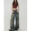 Jeans con Salpicaduras y Roturas Estilo Post-Apocalíptico Tallas Grandes para Mujer, Nuevo Diseño Primavera y Otoño, Cintura Alta, Adelgazantes, Pierna Ancha, Pantalones Largos hasta el Suelo