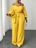 Conjunto de Moda de Dos Piezas para Mujer Tallas Grandes con Hombros Descubiertos y Pantalones Rectos con Lazo - Comercio Exterior Transfronterizo Europeo y Americano 2026