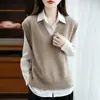 Nuevo Chaleco de Lana Pura con Cuello en V Trenzado para Mujer, Jersey Elegante Casual Simple Holgado con Abertura, Chaleco sin Mangas en Capas