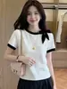 Camiseta de punto de manga corta con bloques de color estilo coreano y lazo para mujer, diseño de verano, top adelgazante y elegante para mujer 13340