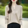 Cárdigan fino de lana para mujer de principios de otoño, cuello en V, protector de cuello, suéter de punto de manga larga, corte holgado, color liso, top exterior versátil