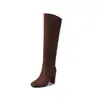 Botas de gamuza para mujer con tacón alto grueso apilado, botas largas rectas, nuevas botas de estilo coreano para otoño e invierno, punta redonda, sin cordones, hasta la rodilla para mujer