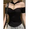 Elegante Camiseta Social Metalizada com Gola Halter de Corrente, Manga Curta, Design com Nó na Cintura, Peça Externa Slim Fit para o Verão