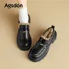 Mocasines Augu Shiden Negros para Mujer 2026 Nuevos Zapatos de Invierno Estilo Británico Zapatos Pequeños de Cuero con Piel y Terciopelo Zapatos de Algodón