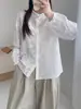 Camisa bordada suave estilo francés para mujer, de manga larga, blanca, cuello mao, top elegante y estilizado, blusa estilo jacquard