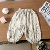 Pantalones tipo linterna de lino de seda helada de verano para niños, holgados y frescos, con estampado floral, anti-mosquitos, estilo fino transpirable, pantalones jogger unisex para bebé