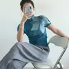 Top Dobrado Feminino Retrô Elegante Verão Novo Fino Justo Modelador Manga Curta Miyake Gola Meia-alta Camiseta Roupas Femininas