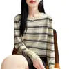 Manga Larga Raya Fresco Pequeño Floral Caída Suave Tencel Lyocell Versátil Tejido de Punto Cuello Redondo Capa Base Viaje