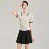 2602612-16 Suéter de punto fino con rayas anchas, mezcla de lana, color clásico, bloque de color, solapa, manga corta, estilo de verano para mujer