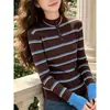 2026 Suéter de Punto para Mujer con Bloques de Color Rayas Cuello Alto Manga Larga Otoño Temprano Versátil Adelgazante Capa Base Superior Mujer
