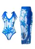 Maiô Peça Única Estilo Europeu e Americano Estampado com Amarração no Pescoço Vestido Saída de Praia com Amarração na Cintura Fenda Alta Proteção Solar