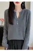 Disponible para dropshipping: Estilo Otoño/Invierno, suéter de punto con cuello de lana 100%, jersey de manga larga para mujer, con botones, color liso, capa base
