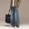 Jeans masculino estilo americano, patchwork lavado, perna curva, coleção outono 2026, corte solto, perna larga, tendência, versátil, calça longa