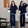 Conjunto de Maternidad: Original Americano Nuevo Estilo Otoño, Suéter de Punto de Cuello Redondo Falso de Dos Piezas para Mujer, Estilo Perezoso Retro Urbano