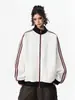 Sudadera cárdigan de punto gofre deportivo estilo americano, unisex, nueva colección de otoño, corte holgado, chaqueta casual a rayas con cuello alto