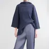Sudadera de Punto Holgada Miyake con Cuello Semi Alto y Manga Tres Cuartos 2026 Primavera y Otoño Nueva Prenda Superior Lisa Plisada Camiseta Básica para Mujer