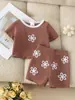 Conjunto de Verão para Meninas Malha Waffle Gola Redonda Manga Curta Camiseta Estampa Floral Bebê Confortável Estilo Casual Em Estoque Litoral
