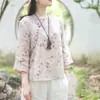 Top Redondo de Algodón y Lino Estilo Étnico Retro para Mujer 2025 Nuevo Diseño de Principios de Otoño Camisa Dulce Floral de Cuello Diagonal