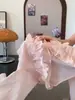 Blusa Feminina Rosa Estilosa Jovem de Alta Qualidade Estilo Francês com Decote V e Mangas Longas com Babados A10603