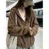 Moletom com Capuz e Zíper Cor Café Feminino Outono 2026 Novo Estilo Preguiçoso Jaqueta Curta Casual Top de Manga Longa Emagrecedor