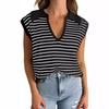 Verão Transfronteiriço Sem Mangas Decote V Pulôver Top Curto Casual Listrado Lapela Preguiçoso Combina com Tudo Camiseta Vic Roupa Feminina