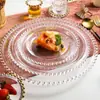 Pratos Banhados a Ouro Estilo Europeu, Tigelas e Pratos com Contas, Pratos de Vidro, Contas Douradas, Pratos Estilo Ocidental, Pratos Transparentes para Bife com Borda Dourada