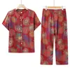Ropa de verano para mujeres de mediana edad y mayores, traje de algodón y seda de manga corta para la abuela, camiseta de algodón artificial para mamá, pijama de cárdigan para ancianos