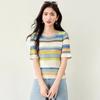 Camiseta Popular de Manga Corta a Rayas para Mujer 2025 Verano Nuevo Moda Coreana Tejido de Punto de Cuello Redondo a Rayas Arcoíris Contrastantes