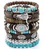 Estilo Occidental Vaquero Europeo y Americano Transfronterizo Cuero Vaca Tau Pino Piedra Alas de Pollo Cáscara de Coco Pulsera de 6 Piezas para Hombre