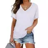 Camiseta feminina de manga curta com gola V, cor sólida, manga morcego, franzido lateral, 2025, moda europeia e americana transfronteiriça, novo produto de comércio exterior da Amazon